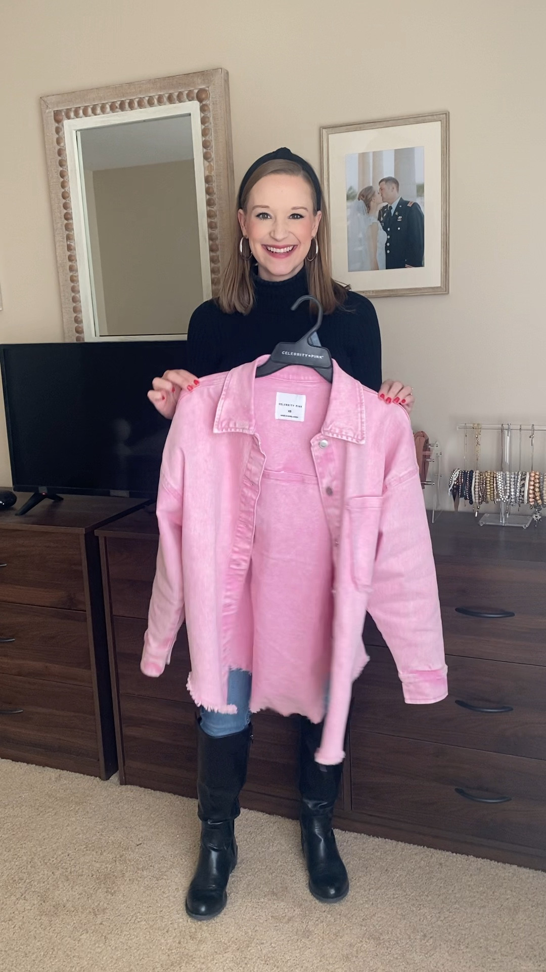 Pink Walmart shacket paired with black turtleneck sweater, black headband and black boots!! Easy Valentine’s Day outfit idea!! 