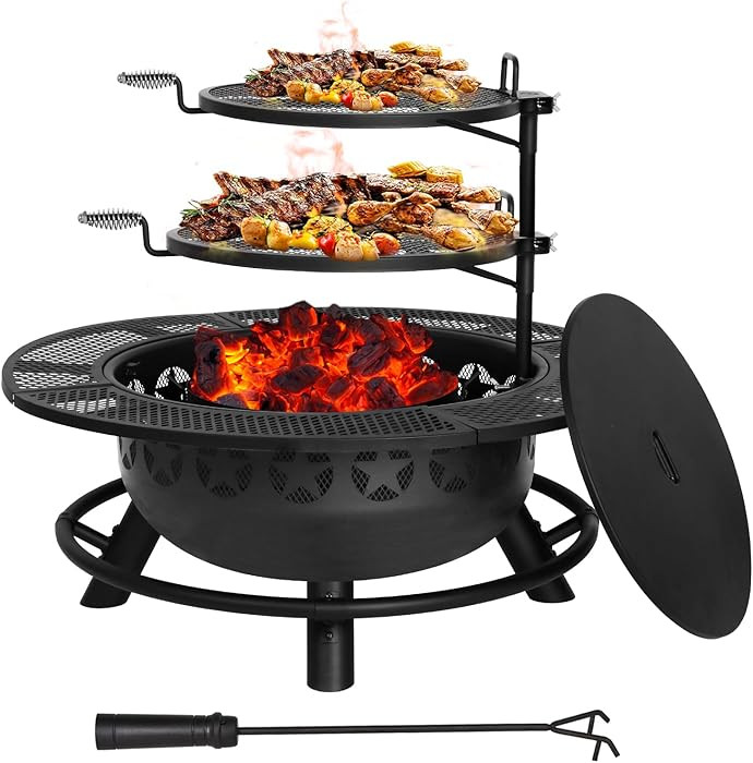 Hykolity 35 Inch Fire Pit with 2 Cooking Grate & Charcoal Pan, Outdoor Wood Burning BBQ Grill Fir... | Amazon (US)