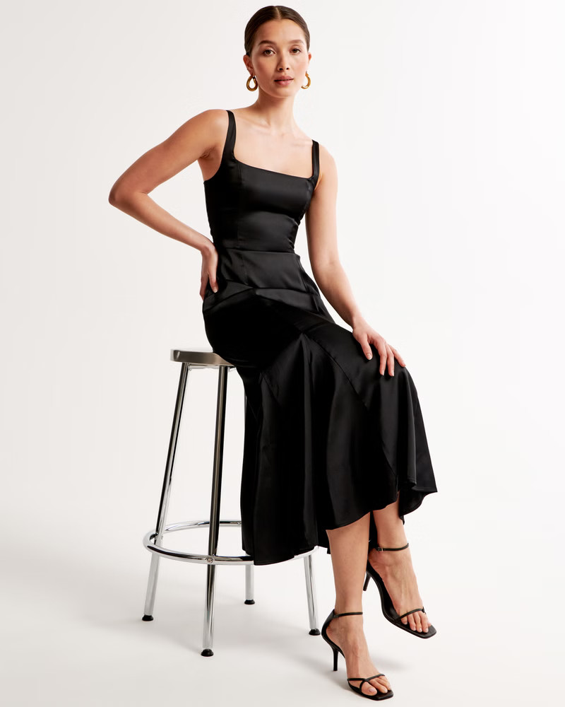 Satin Slip Fishtail Midi Dress | Abercrombie & Fitch (US)
