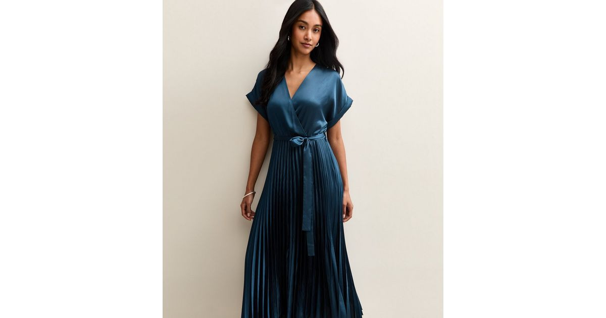Navy Satin Pleated Wrap Midi Dress | New Look | New Look (UK)