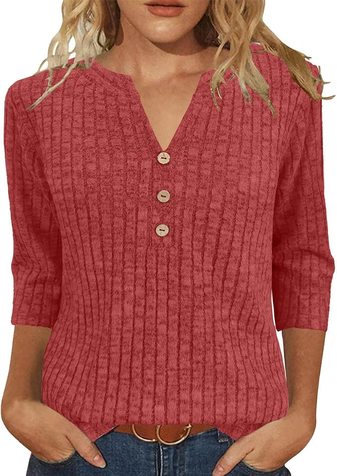 JomeDesign Sweaters for Women 3/4 Sleeve V Neck Shirts Dressy Casual Blouses Loose Fit Tunic Tops | Amazon (US)