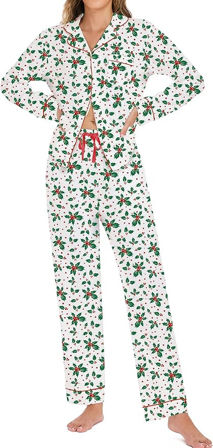 LUBOT Christmas Pajamas 100% Cotton Womens Pajamas Set 2 Piece Soft Button-Down Xmas PJs Set Slee... | Amazon (US)