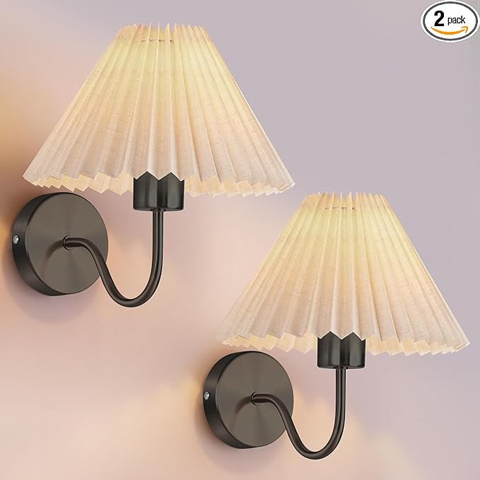 Wall Sconces Sets of 2, Indoor Wall Light Fixtures with Fabric Lampshade, Pleated Fabric Wall Lam... | Amazon (US)