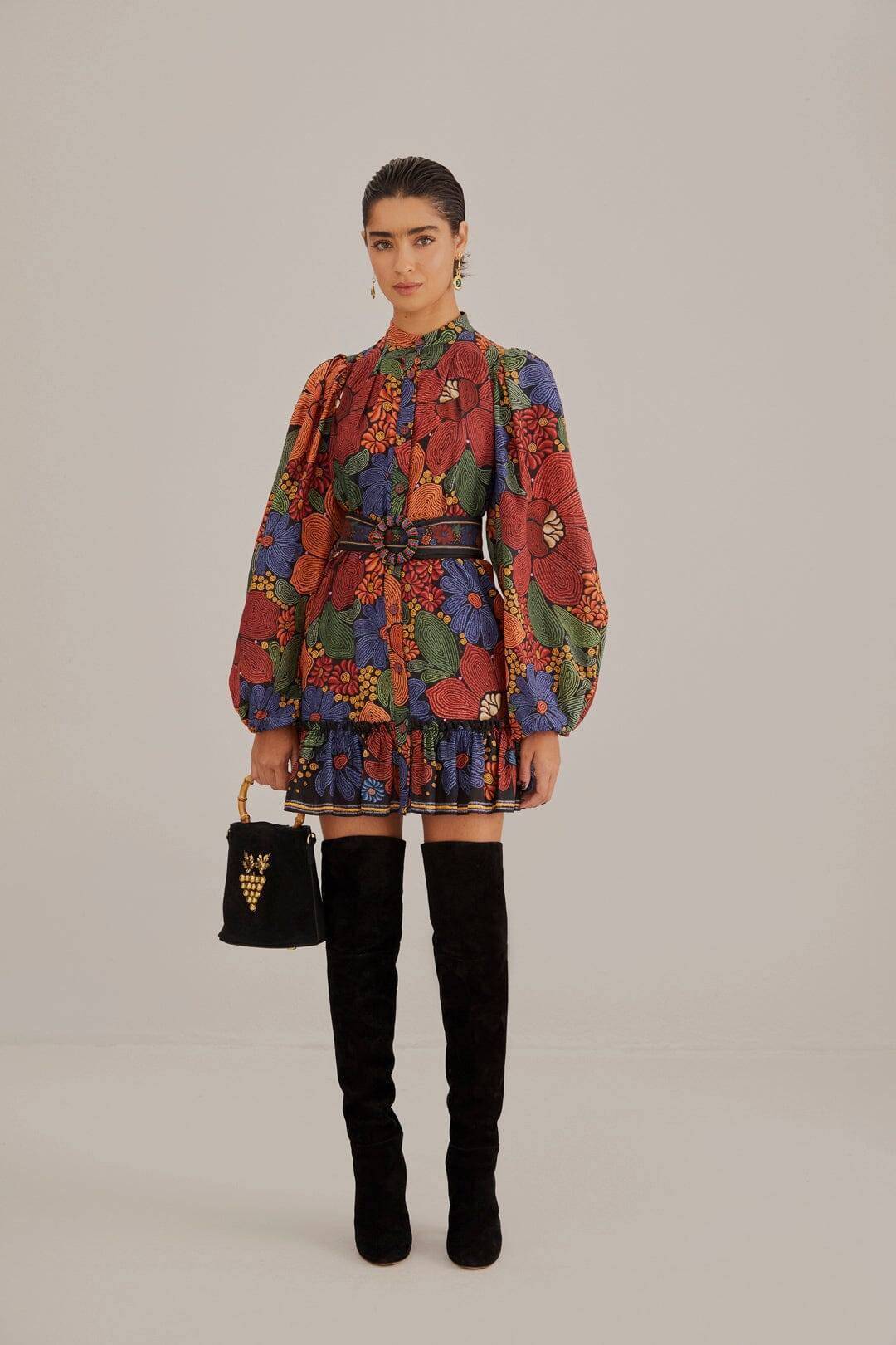 Black Stitched Flowers Long Sleeve Mini Dress | FarmRio (US)