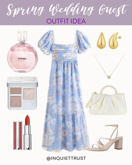 Elevate your wedding guest style with this beautiful blue floral midi dress, neutral sandals, white handbag, gold accessories, and more!
#springfashion #outfitinspo #formalwear #wardroberefresh

#LTKSeasonal #LTKshoecrush #LTKbeauty