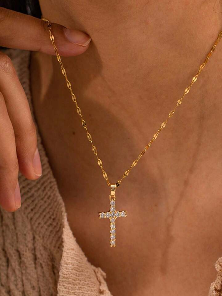 1pc Fashion Female Cross Pendants Dropshipping Gold Black Color Crystal Jesus Cross Pendant Neckl... | SHEIN