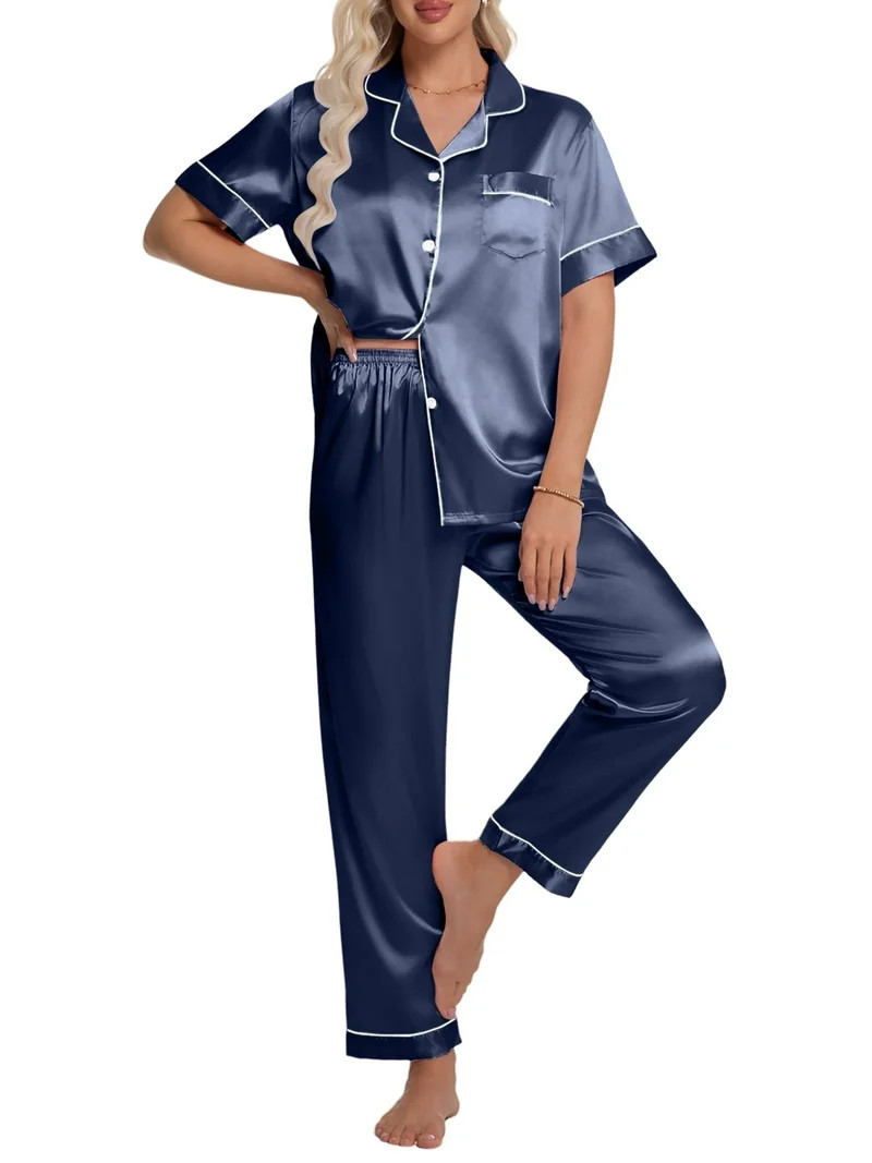 DAKIMOE Silk Satin Pajamas Set for Women Two-Piece Short Sleeve Shirt with Long Pajama Pant Set S... | Walmart (US)