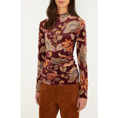 FARM Rio Floral Velvet Mock Neck Top in Delhi Floral Burgund at Nordstrom, Size Small | Nordstrom