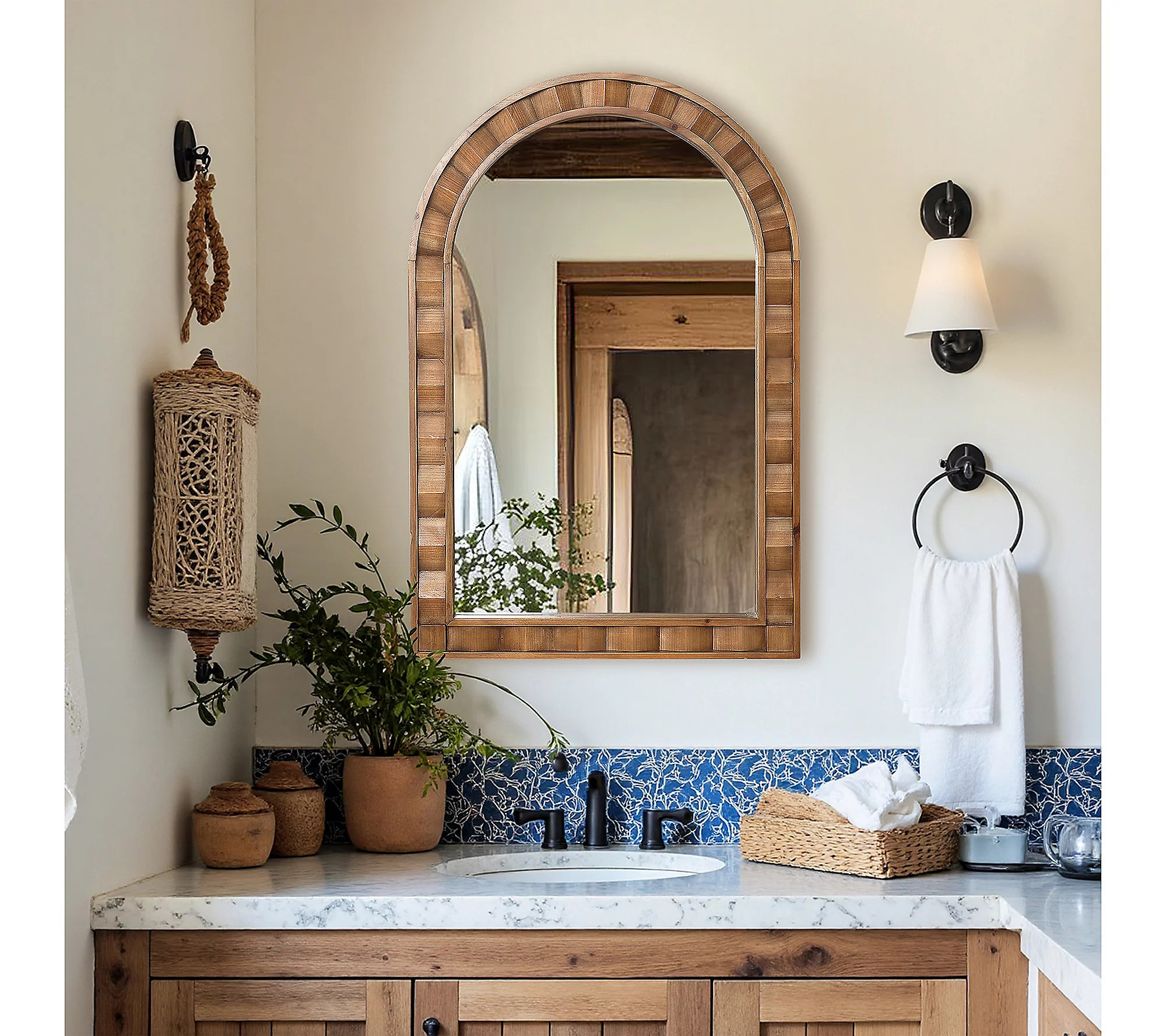 LuxenHome Natural Wood Arch 35.43"" H x 23.32"" W Wall Mirror | QVC