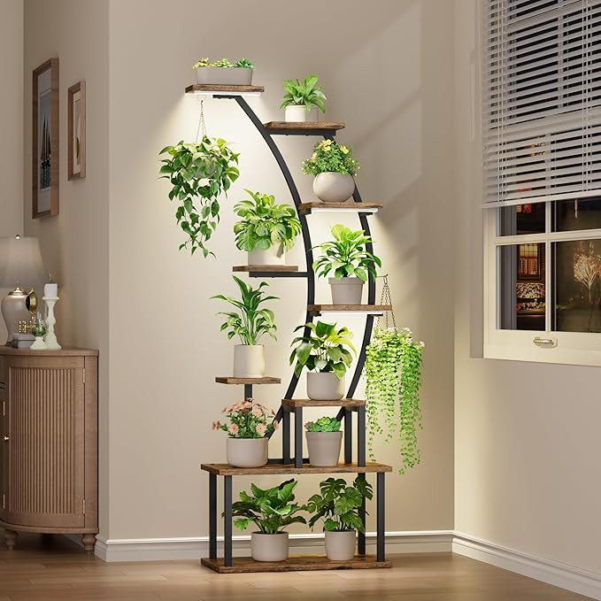 Plant Stand Indoor with Grow Lights, 63" Tall Indoor Plant Shelf, 9 Tiered Corner Plant Holder, L... | Amazon (US)