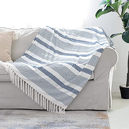 Decorative Blue White Striped Throw with Fringe, Soft Chenille Knitted Farmhouse Lightweight Blanket with Tassels for Couch Sofa Chair Bed Office Home Décor, Blue and Ivory, 60" x 80" | Amazon (US)