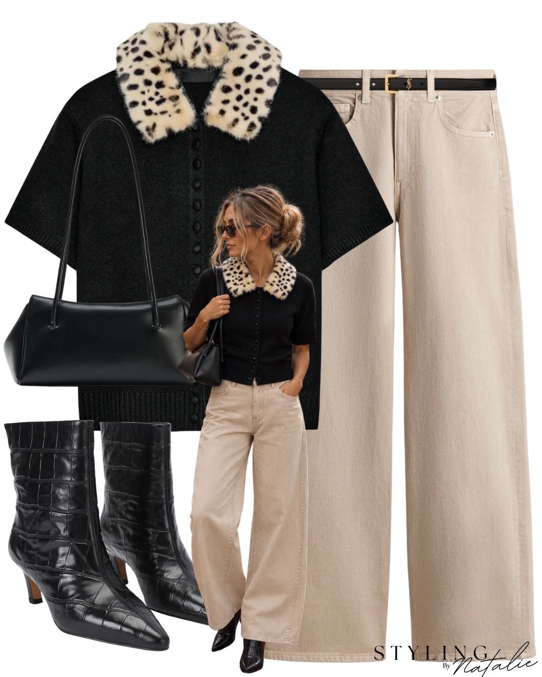 Beige jeans with YSL belt, black cardigan with animal print faux furr collar,  kitten heel croc ankle boots, black bag. Casual chic, everyday, autumn outfit, fur trim, fall fashion. Zara style, H&M @stevemadden-us