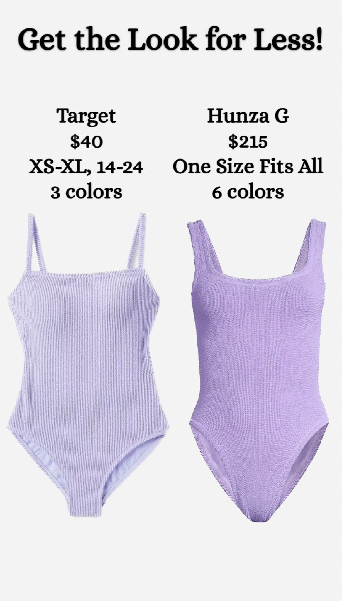 The Hunza G swimsuits are so cute and flattering, so I’m glad some other brands are coming out with similar styles! The Hunza G one piece is one size fits all, but the Target option comes in XS-XL and in plus sizes! It’s also over $150 cheaper! Lavender swimsuit, swimsuit under $50, cute swimsuits, plus size swimsuits, plus size suit, crinkle swimsuit, vacation look, vacation outfit, vacation look, hunza g dupe, hunza dupe, crinkle swimsuit dupe, plus size crinkle  

#LTKtravel #LTKSeasonal #LTKswim