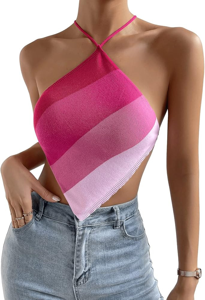 Verdusa Women's Colorblock Asymmetrical Hem Crisscross Tie Back Crop Halter Top | Amazon (US)