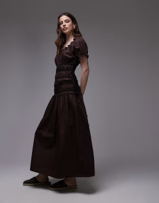 Topshop cap sleeve shirred dress with tie sides in brown with contrast black ties | ASOS (Global)