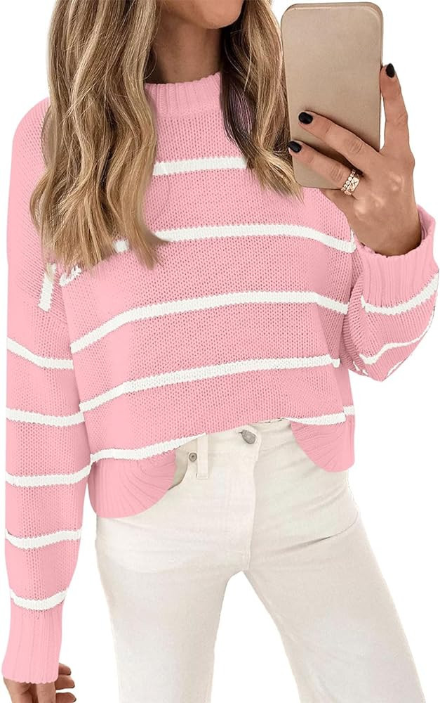 LILLUSORY Womens Striped Sweater Pullover Crewneck Knit Long Sleeve Cable Knitted Sweaters | Amazon (US)