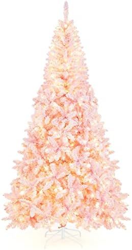 Amazon.com: Goplus 7.5ft Pink Pre-Lit Christmas Tree, Hinged Artificial Snow Flocked Xmas Tree wi... | Amazon (US)
