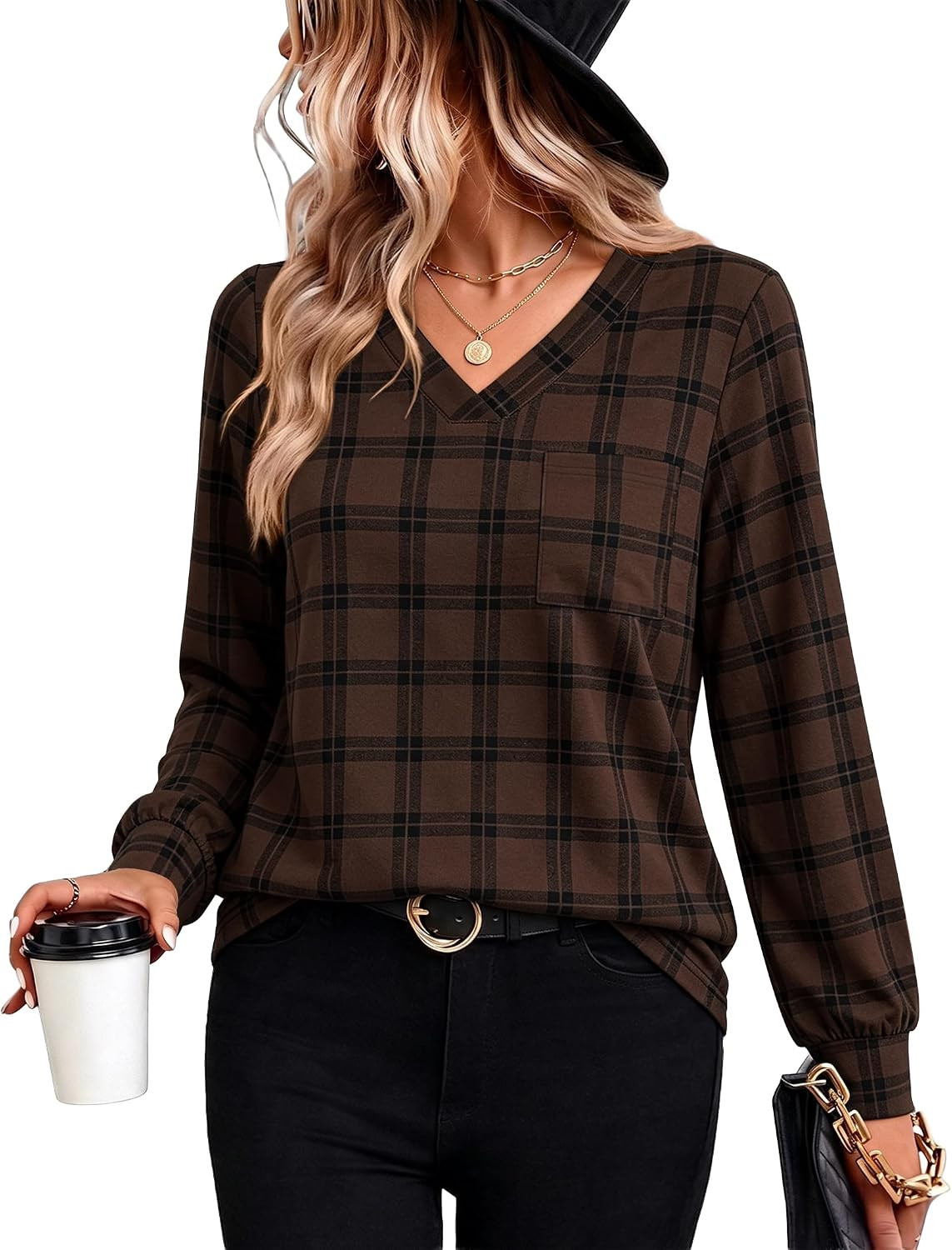 WIHOLL V Neck Long Sleeve Shirts Womens Tops Dressy Casual Fall Outfits | Amazon (US)