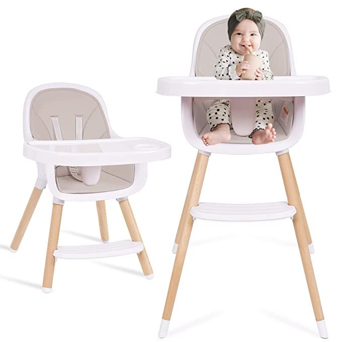 Baby High Chair, 3-in-1 Convertible Wooden High Chair with Adjustable Legs & Double Dishwasher Sa... | Amazon (US)