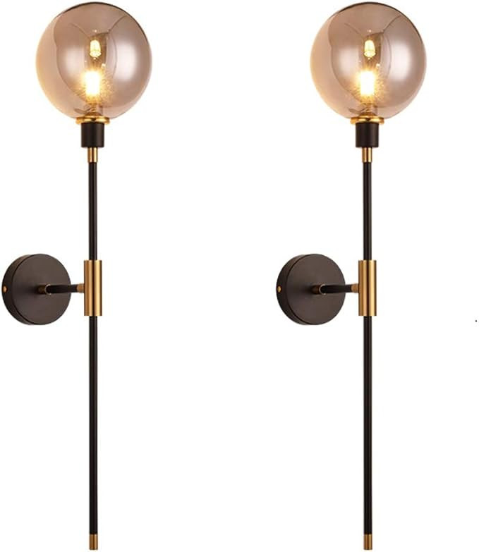 Pack of 2 Dellemade Glass Globe Wall Lamp,Black and Gold Modern Wall Scone with Amber Glass Shade | Amazon (US)