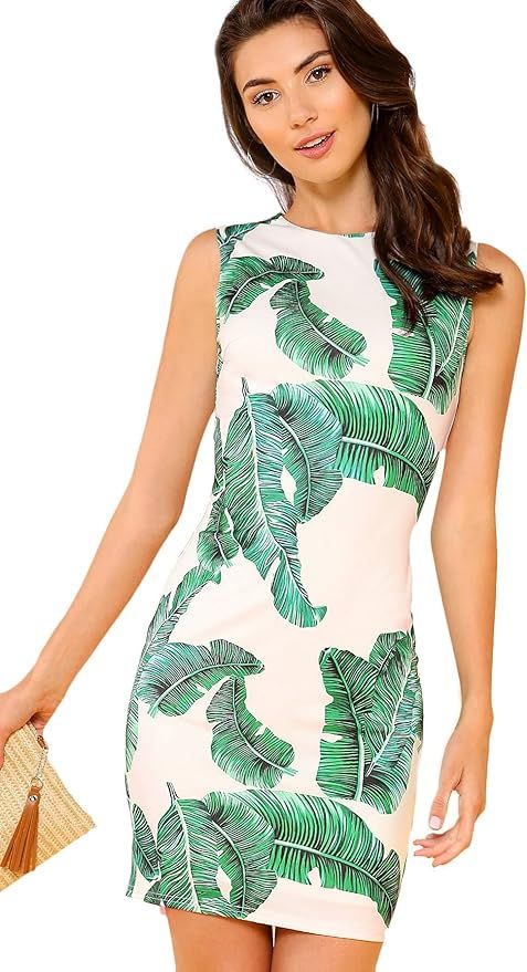 Floerns Women's Palm Leaf Print Sleeveless Round Neck Work Bodycon Dress | Amazon (US)