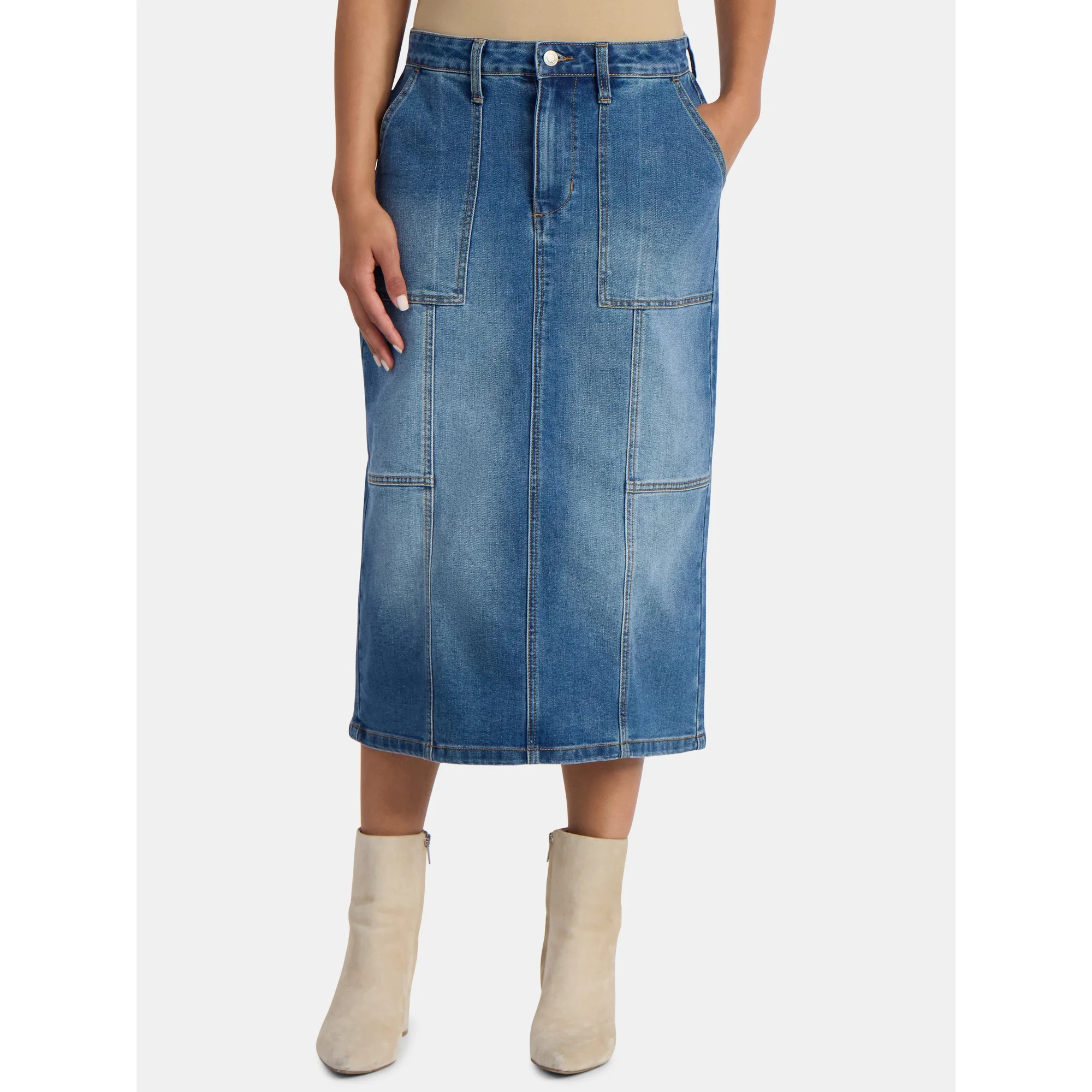 Time and Tru Women's Denim Midi Utility Skirt, Sizes 0-20 | Walmart (US)
