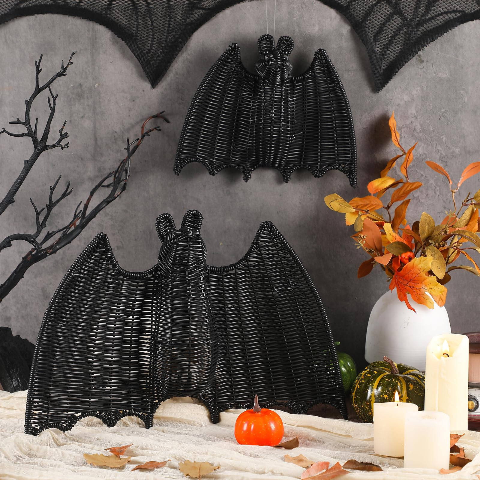 2 Pack Halloween Rattan Bat Decorations 15.8'' and 9.8 '' Black Woven Bats for Hanging in The Tre... | Amazon (US)