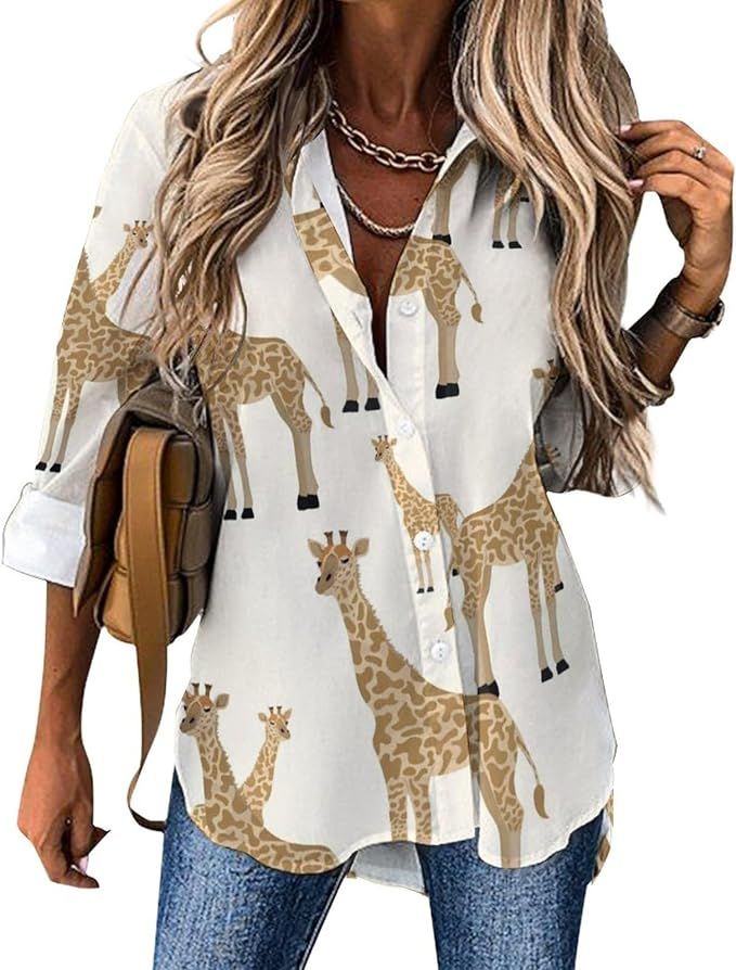 Cunning Cute Giraffe Blouses for Women Hawaiian Button Down Long Sleeve Shirts Tees Tops | Amazon (US)