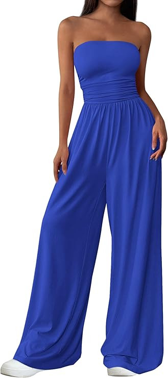 PRETTYGARDEN Womens Trendy Strapless Rompers 2026 Ruched Tube Top Wide Leg One Piece Jumpsuits Be... | Amazon (US)