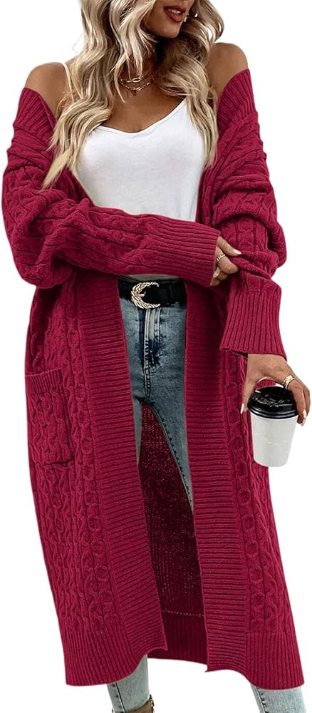 Onedreamer Womens Long Cardigan Cable Knit Open Front Long Sleeve Sweater Coats with Pockets | Amazon (US)