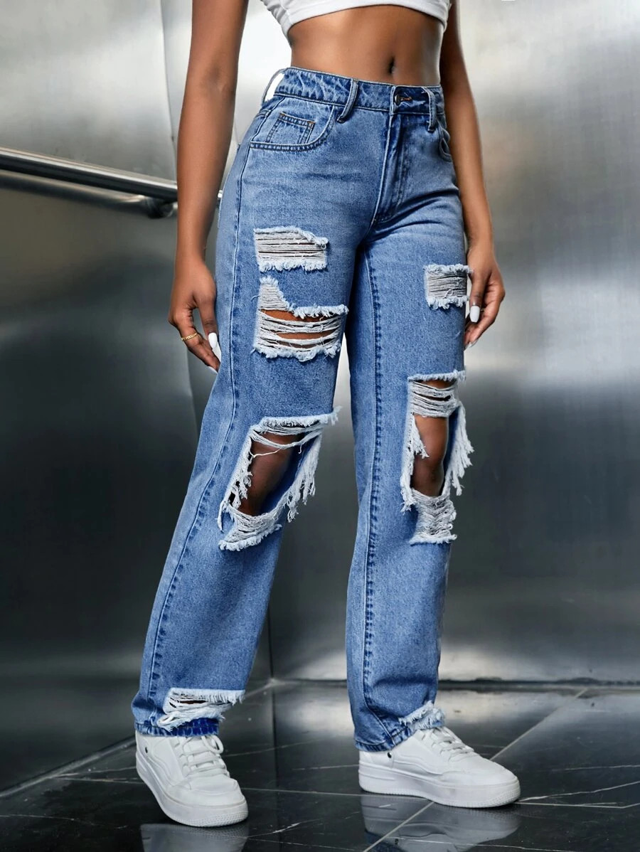 SHEIN SXY Ripped Cut Out Straight Leg Jeans | SHEIN