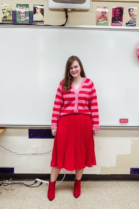 Valentine’s Day outfit 
Pleated skirt 
Striped cardigan 
All fit TTS

#LTKstyletip #LTKSeasonal #LTKworkwear
