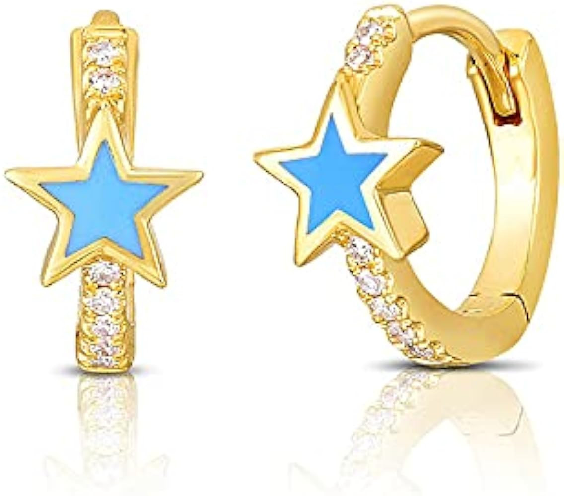 Enamel Star Huggie Hoop Earrings with Cubic Zirconia Silver Post Gold Small Hinged Hoops for Wome... | Amazon (US)
