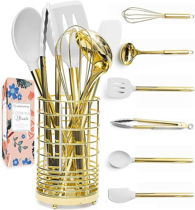 White Silicone and Gold Cooking Utensils Set with Holder - 7PC Silicone Cooking Utensils Set Incl... | Amazon (US)