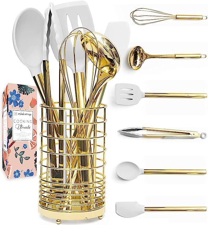 White Silicone and Gold Cooking Utensils Set with Holder- 7 PC Gold Kitchen Utensils Set Includes... | Amazon (US)