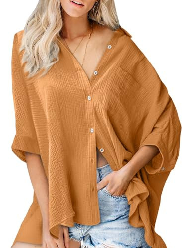 Astylish Womens Oversized Button Down Shirts Cotton Fashion Flowy Gauze V-Neck 3/4 Sleeve Linen Summer Loose Fit Tops Grapefruit Orange X-Large | Amazon (US)