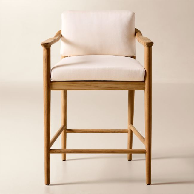 Tide Teak Outdoor Counter Stool With Ivory Sunbrella® Cushion Set of 4 | CB2