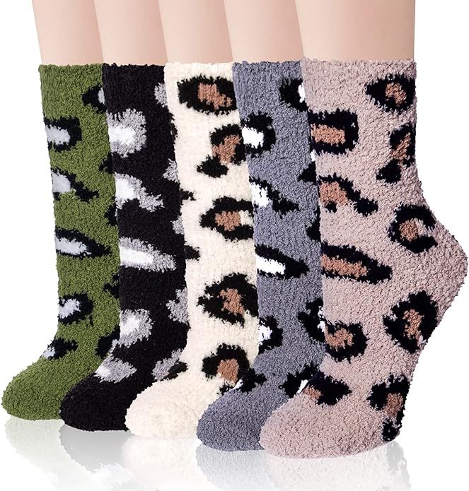 Fuzzy Socks for Women 5 Pairs Winter Warm Fluffy Slipper Socks Soft Cute Cat Animal Socks | Amazon (US)