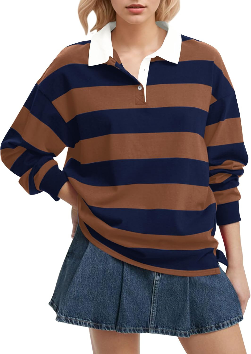 Womens Oversized Striped Polo Shirt Long Sleeve Rugby Sweatshirt | Amazon (US)