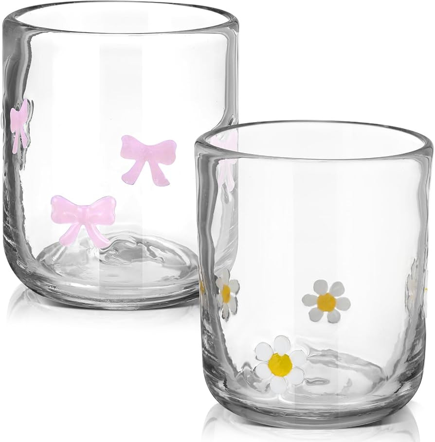 Skylety 2 Pack Icon Juice Glass Cup Pink Bow Coquette Daisy Flower Cup 14 oz Aesthetic Double Vin... | Amazon (US)
