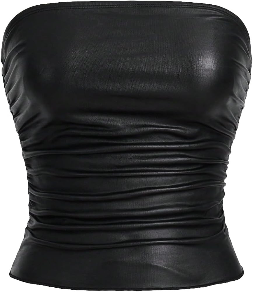MakeMeChic Women's Casual PU Leather Strapless Bandeau Summer Shirts Ruched Sleeveless Slim Fit T... | Amazon (US)