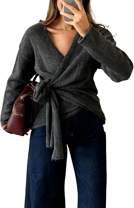 Watashi Women Casual V Neck Wrap Sweater Long Sleeve Cozy Self Tie Belted Knit Sweaters Fall Wint... | Amazon (US)