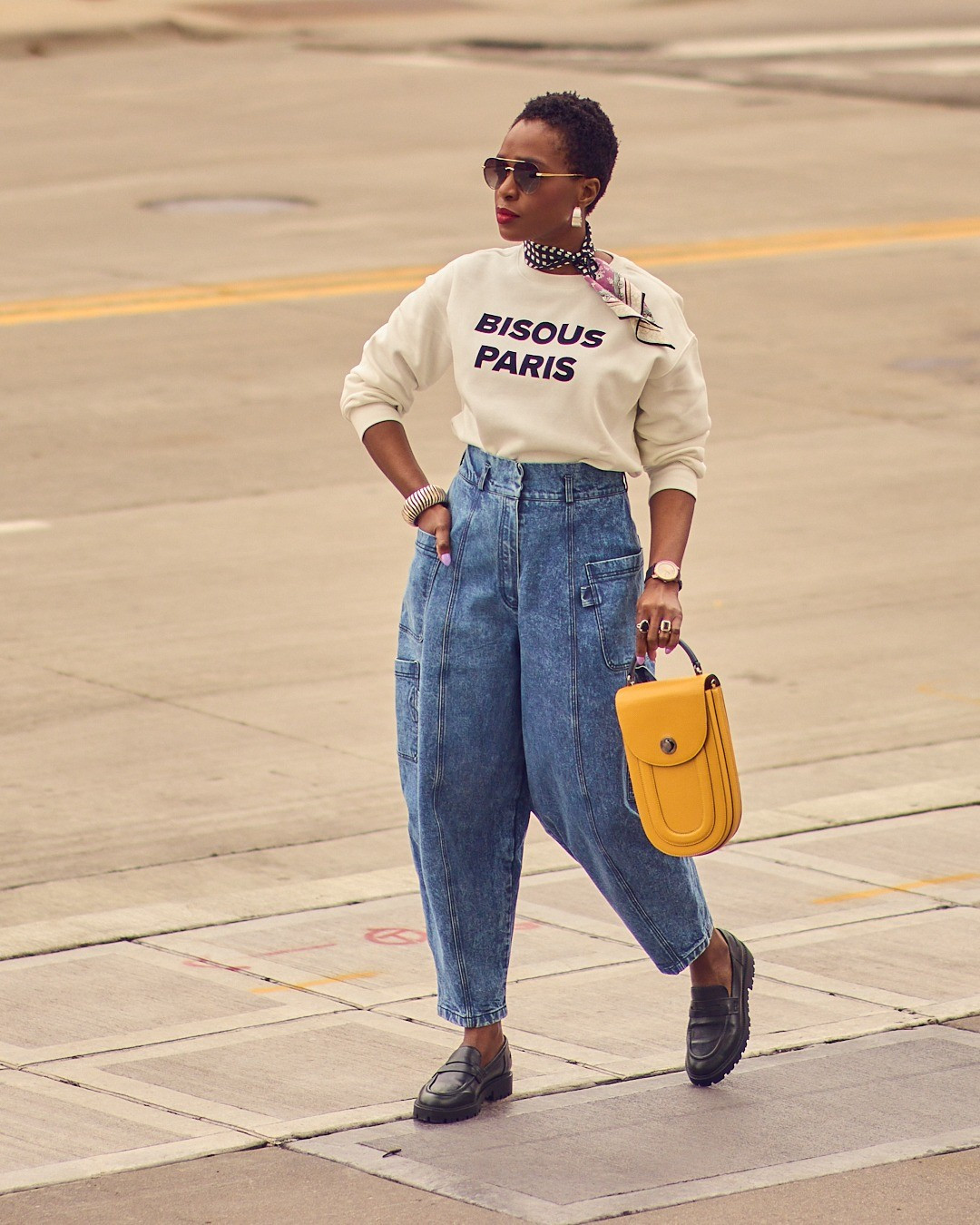 Casual denim look with a statement graphic sweatshirt🖤 Simply add a silk scarf to elevate the look🖤 Bag from myTomoli.com 💛 Barrel jeans style, jogger jeans, lugged loafers, H&M Spring 2025 collection, DSW shoe finds, Spring 2025 outfit ideas, Diff Eyewear aviator sunglasses, affordable style

#LTKStyleTip #LTKMidsize #LTKOver40