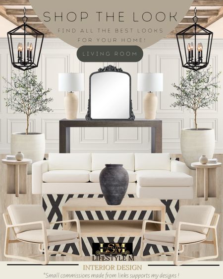 Transitional living room idea. White sectional living room sofa, wood square coffee table, wood end table, wood upholstered accent chair, black stripped rug, black terracotta vase, black wood console table, beige table lamp, black decorative mirror, black lantern pendant light, white terracotta tree planter pot, realistic faux fake tree.

#LTKhome #LTKstyletip #LTKFind
