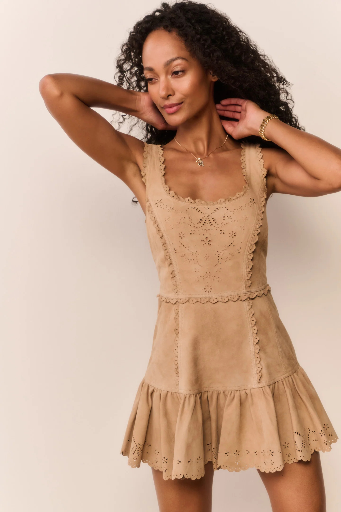 Chrysanthe Suede Eyelet Mini Dress | LoveShackFancy