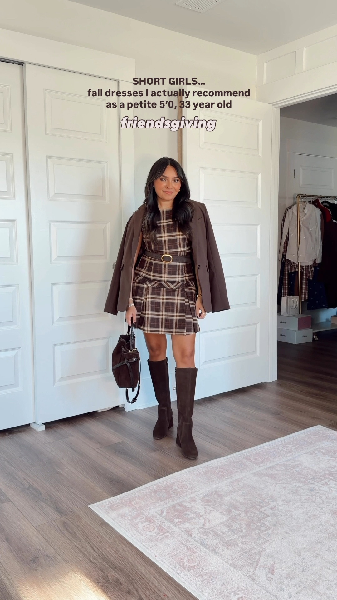 SHORT GIRLS… fall dresses I actually recommend as a petite 5'0, 33 year old!
For reference: I’m 5’0, 32b bra size, and 2/26 in bottoms, pear shaped. 
*Everything I share is unaltered! TTS means true to size.

Brown plaid pleated mini dress size small - sized up a size for room in the hips, fits perfectly!
Brown belt size 
Dark brown belt 27” - 31”
Chocolate brown suede waterproof boots size 6 - sized up a half size

Oxblood burgundy floral dress size xs TTS
Brown heels size 5 TTS

Coffee Brown cable knit  sweater dress size xs TTS
Dark brown belt 27” - 31”
Denim jacket size xxs petite - sized down a size, runs big
Brown cafe color cowgirl boots size 5.5 - sized down a half size 

Olive green ruffle collar maxi dress size xxs TTS
Dark brown belt 27” - 31”
Brown boot size 5.5 TTS

Cranberry burgundy sweater dress size xs TTS 
Brown heels size 5 TTS



petite fall dresses
fall occasion outfits
petite friendly dresses
thanksgiving outfit ideas
friendsgiving outfit
bridal shower dress
baby shower outfit
fall family photo outfits
weekend brunch outfit
fall capsule wardrobe
short girl fashion
fall outfit inspiration
dresses for petites
petite fall fashion
fall event outfit ideas
event outfits for petites
petite friendly pieces
Rachel Miranda Blog
Honeysweetpetite
Honey Sweet Petite


Comment SHOP below to receive a DM with the link to this post on my LTK ⬇ https://liketk.it/5svp0 #ltkpetite #ltkstyletip #ltkholiday

#LTKPetite #LTKSeasonal #LTKStyleTip