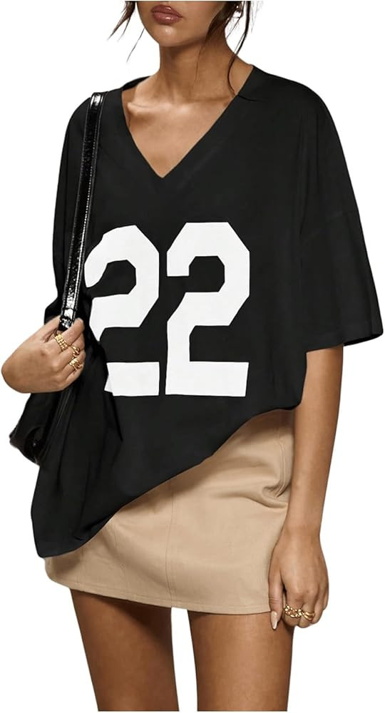 SOLY HUX 2024 Jersey Shirts for Women Number Graphic T Shirt V Neck Half Sleeve Oversized Tees Su... | Amazon (US)