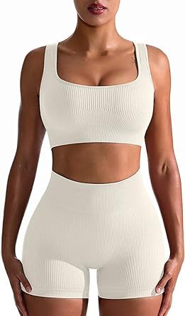 OQQ Workout Outfits for Women 2 Piece Seamless Ribbed High Waist Leggings with Sports Bra Exercis... | Amazon (US)