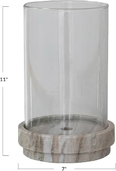 Creative Co-Op Round Marble Taper/Pillar Candle Holder with Glass Hurricane, Beige Finish | Amazon (US)