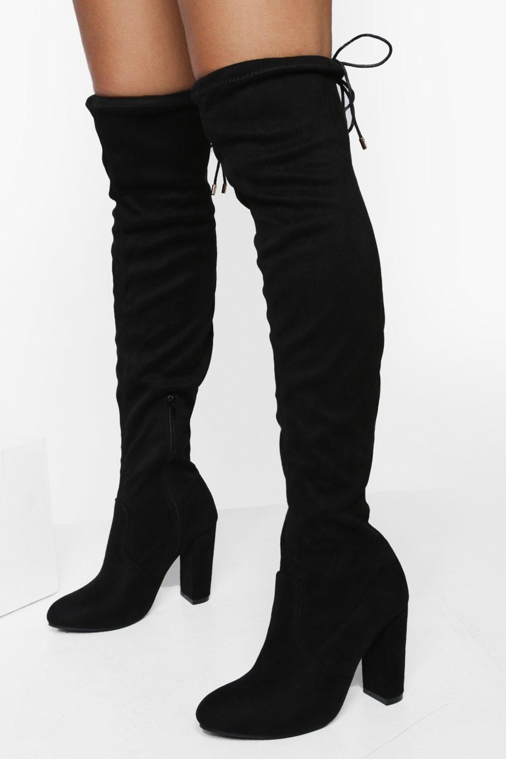 Womens Block Heel Tie Thigh High Boots - Black - 5 | Boohoo.com (US & CA)